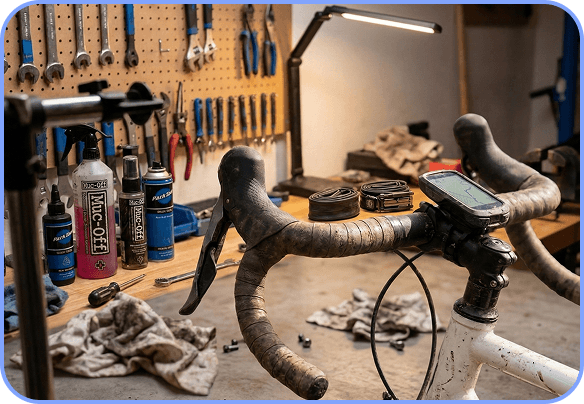 Rectangle 36 Support de réparation pour vélos avec outils et produits de nettoyage au Camp de base.